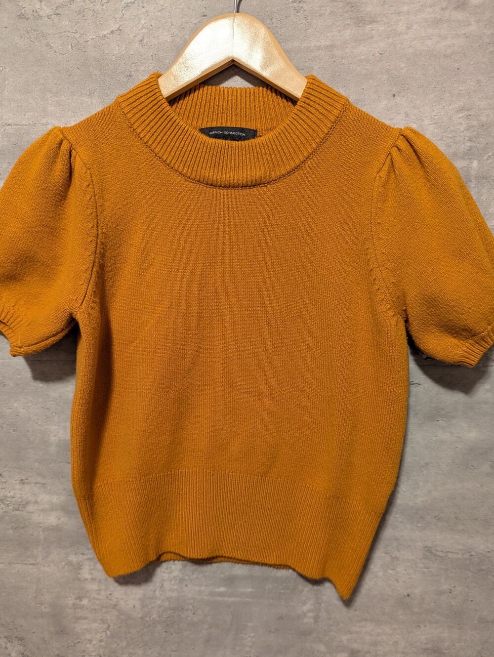 French Connection Mustard Short Puff Sleeve Crewneck Sweater